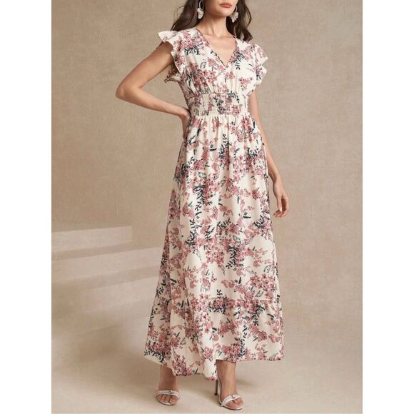 SHEIN Amorya Women's Cap Sleeve Shirred Waist Ditsy Floral Dress L 8 10 large NE - Picture 3 of 11